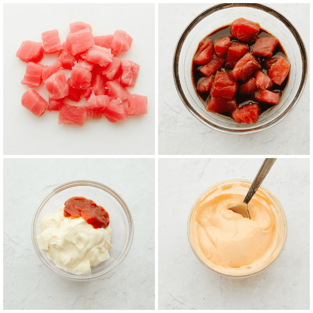 This Hawaiian poke bowl is fantastically fresh and full of healthy ingredients! Skip ordering this at a restaurant and make it at home in less than 15 minutes! 4 pictures showing how to marinate the tuna and how to make spicy aioli sauce.