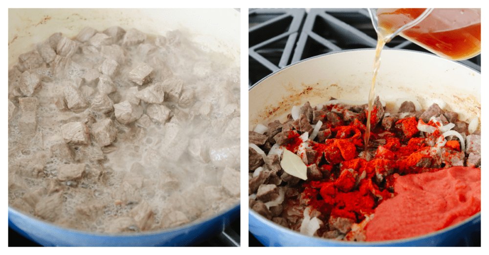 This pörkölt is a delicious Hungarian meat stew that is cooked in a savory onion sauce! It is simmered until it reaches juicy and tender perfection that will make it fall off your fork and melt in your mouth. 2 pictures showing how to sear meat and add in the sauce ingredients to mix together.