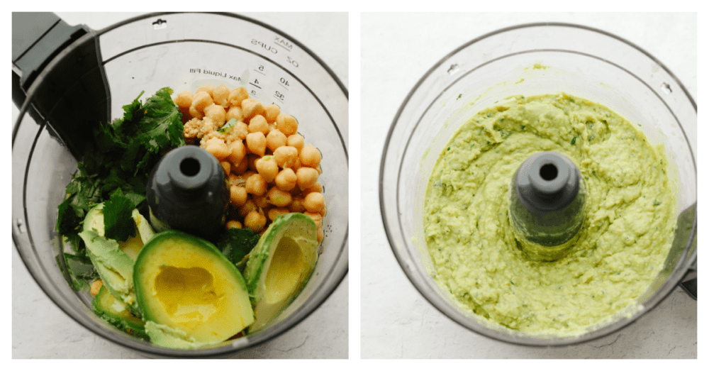 If you are looking for the most delicious appetizer out there, this avocado hummus is for you! Delectable, creamy, and perfect with any veggies or crackers, this dip is the BEST! 2 pictures showing how to add the ingredients and blend them together.