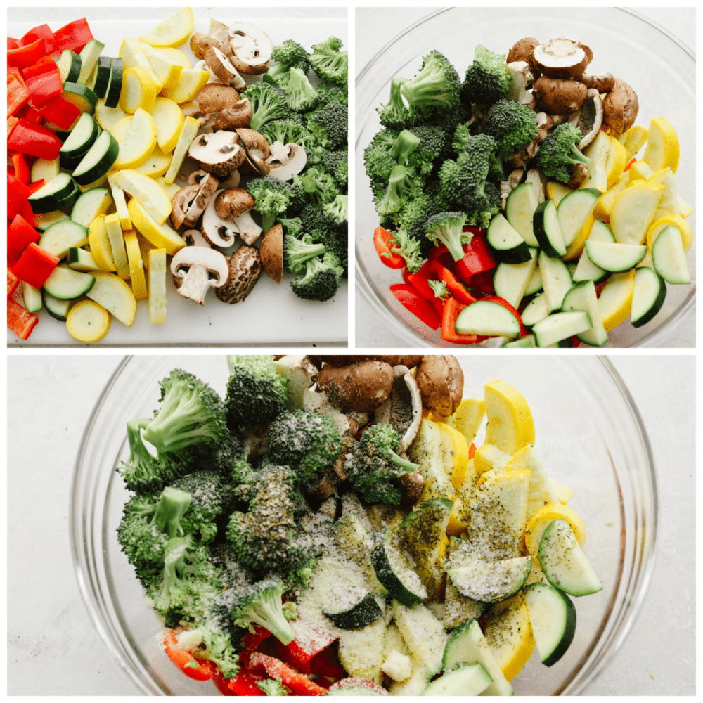 Cooking your vegetables in an air fryer doesn't get much easier (or more delicious!) than this! Crispy and tender, these veggies will be the best side dish that you've ever had! 3 pictures showing how to mix and season vegetables.
