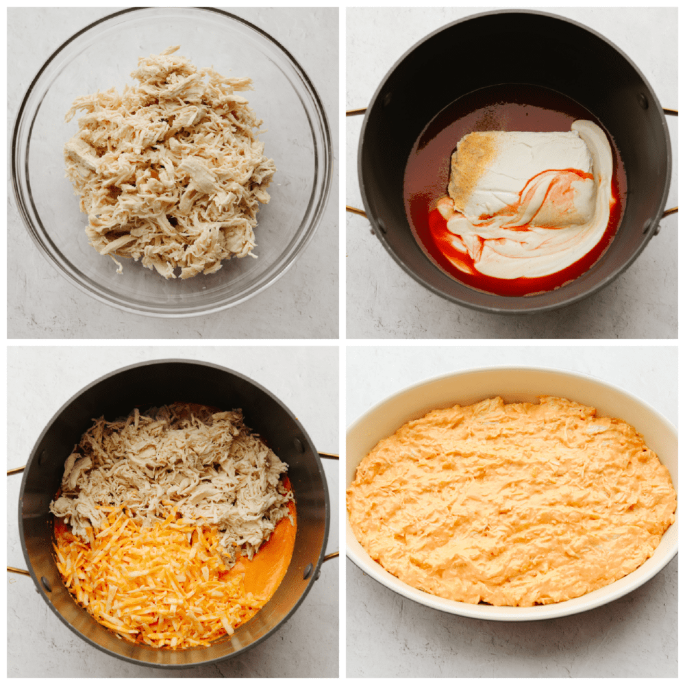 This buffalo chicken dip is the absolute best! Fully loaded with chopped chicken, three types of cheeses, sour cream, and delicious seasonings, this dip has the spicy hot sauce flavor that you are looking for! 4 pictures showing how to add the chicken , sauce and cheese to a pan and melt.