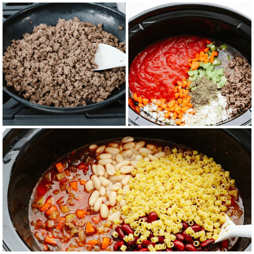 Slow cooker Pasta e Fagioli soup is a rich and hearty Italian soup loaded with pasta, vegetables, beans, and lean ground beef. It's hearty, comforting, and oh so delicious! 3 pictures showing ingredients being added into a crockpot