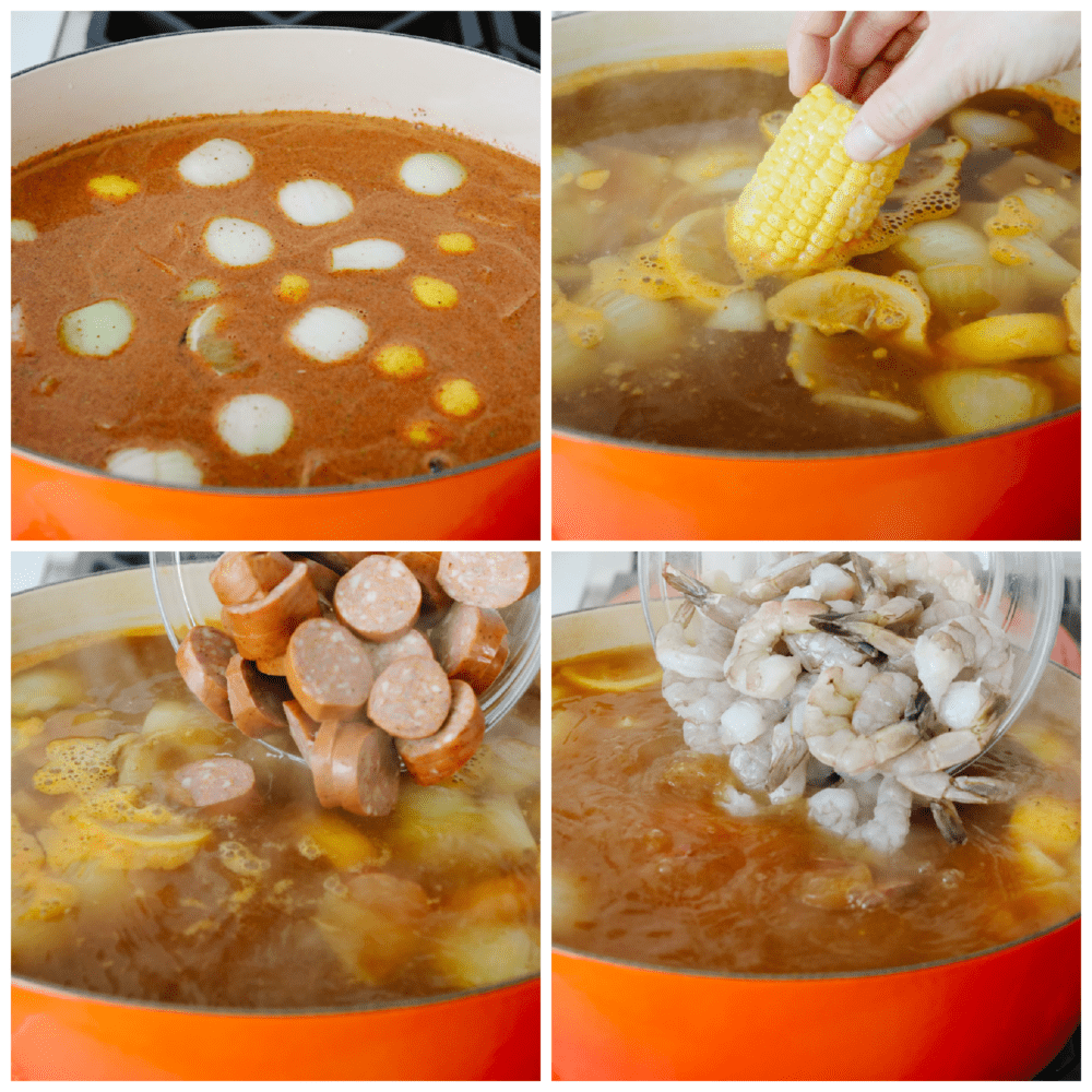 A southern classic, this shrimp boil recipe includes corn, potatoes, sausage, and shrimp boiled together in one pot and packed full of delicious flavor! It's a tried and true favorite that you don't want to miss! 4 pictures showing how to add ingredients to seasoned, boiling water.