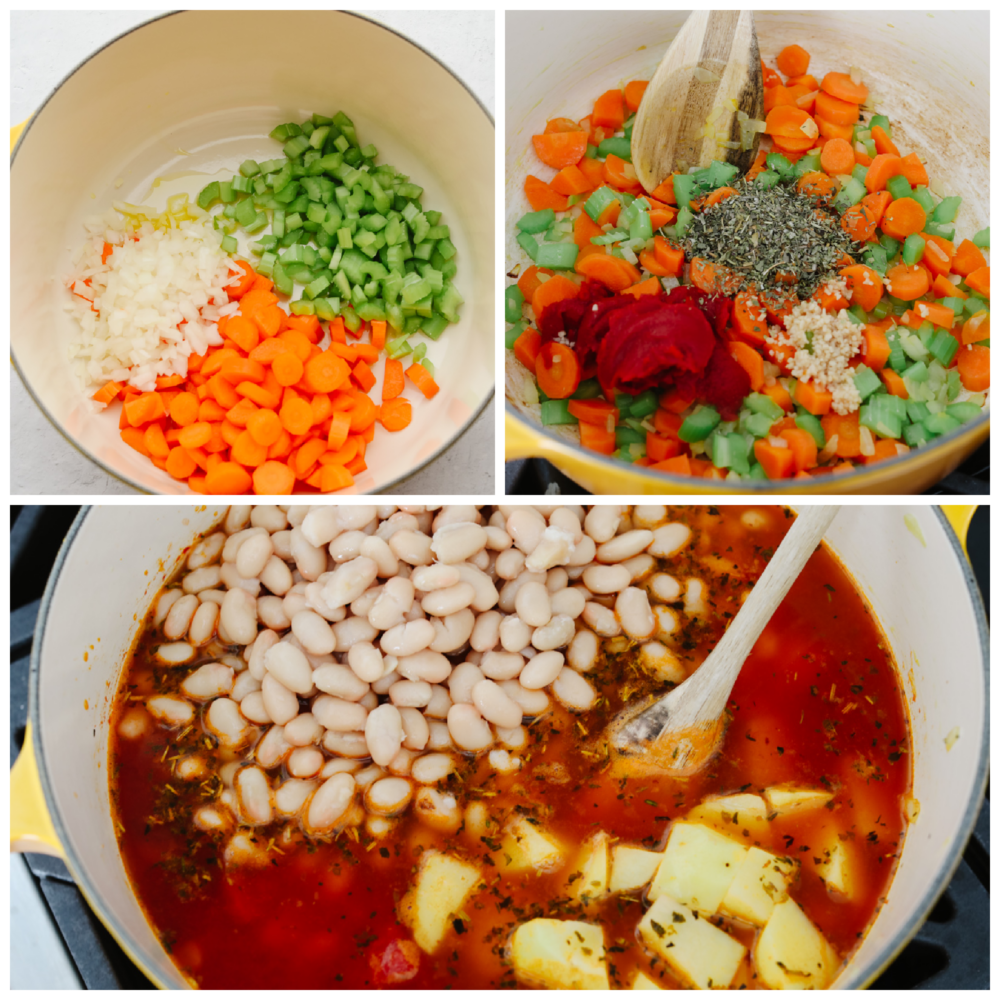 This white bean stew is a classic recipe that will fill your belly and warm you right up! With the insanely delicious flavor, this hearty stew will be your guests' favorite and fly off the table! 3 pictures showing how to cook vegetables and beans in a pot with some flavored broth.