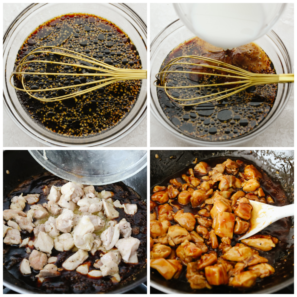 This teriyaki chicken will be the best that you ever make! The tender, juicy chicken is coated with the most amazingly flavored sauce. Once you eat this, it will become your new favorite! 4 pictures showing how to whisk the sauce, add it to the chicken and cook it together in a pan.