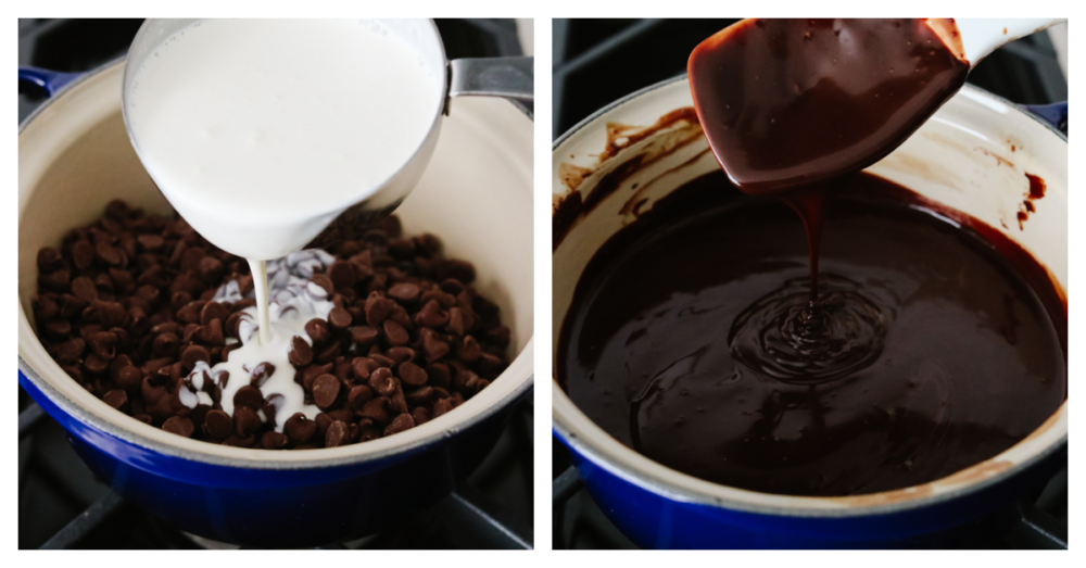 The best way to impress your valentine is with homemade chocolate fondue! This silky-smooth dessert is so amazing and pairs perfectly with all of your favorite treats! Two photos of melting cream and chocolate down.