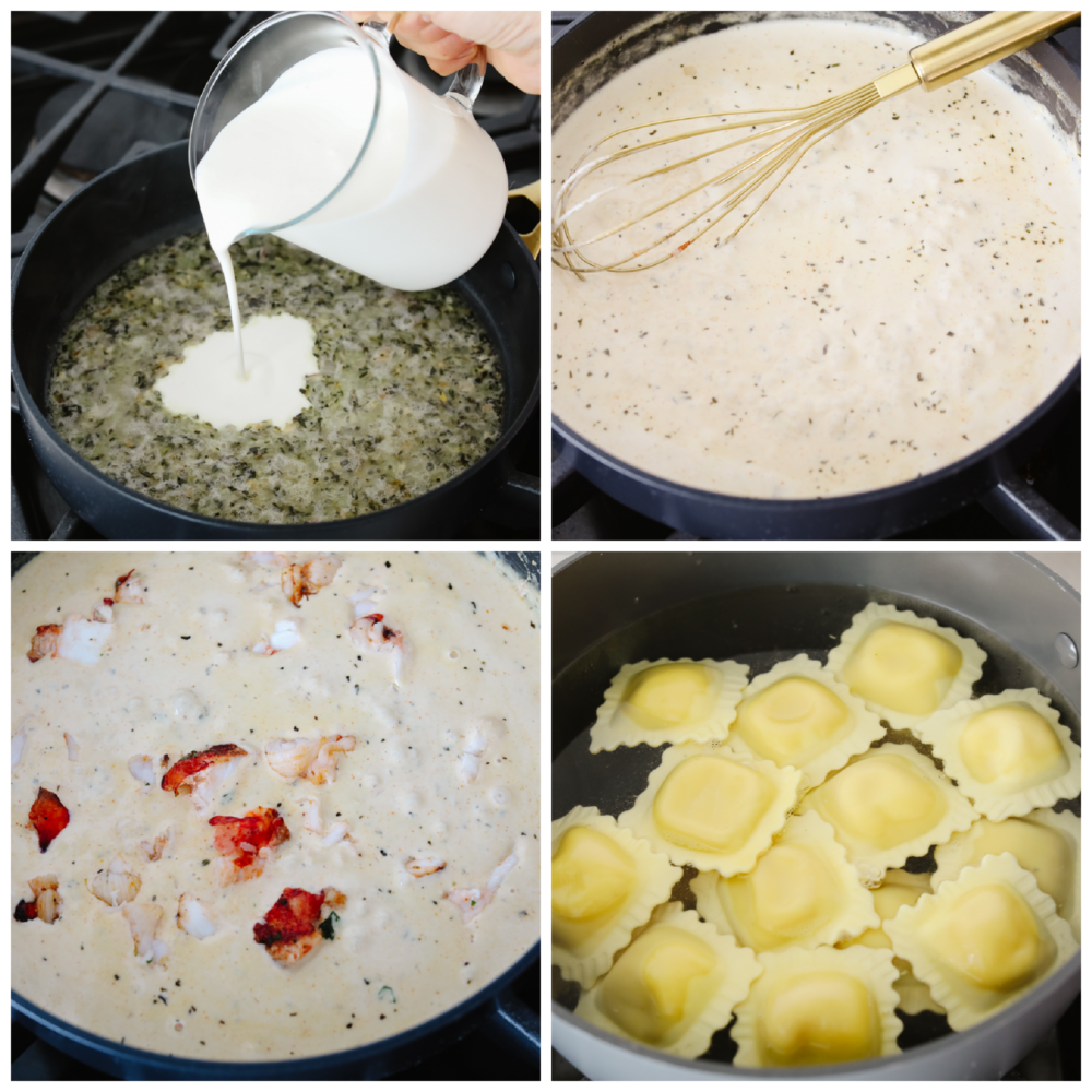 Lobster ravioli sauce is rich and creamy, full of fresh herbs and garlic! It's bursting with flavor and the perfect addition to all of your favorite pasta dishes. Process photos of preparing sauce and ravioli over stove.