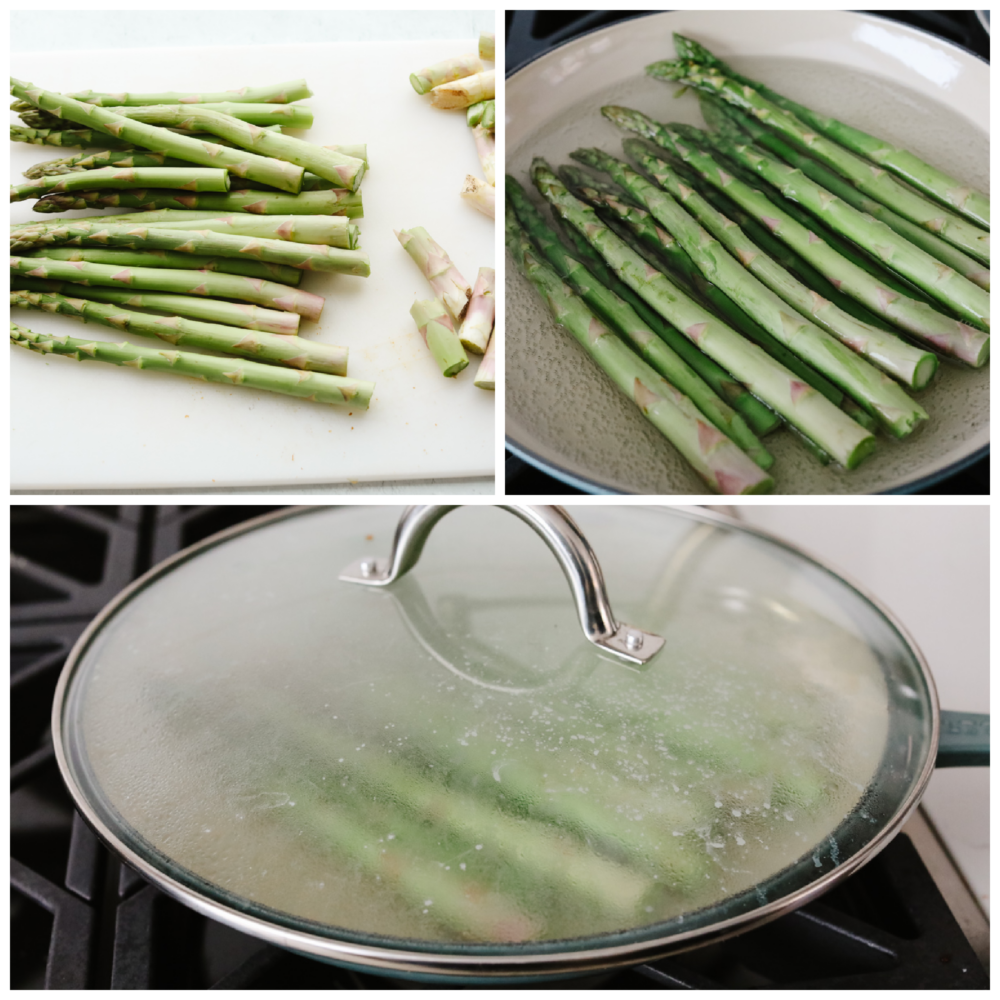 Steamed asparagus is the perfect addition to any meal! All it needs is a squeeze of lemon and freshly cracked salt and pepper to be a knockout side! Process shots of preparing asparagus and steaming in a skillet.