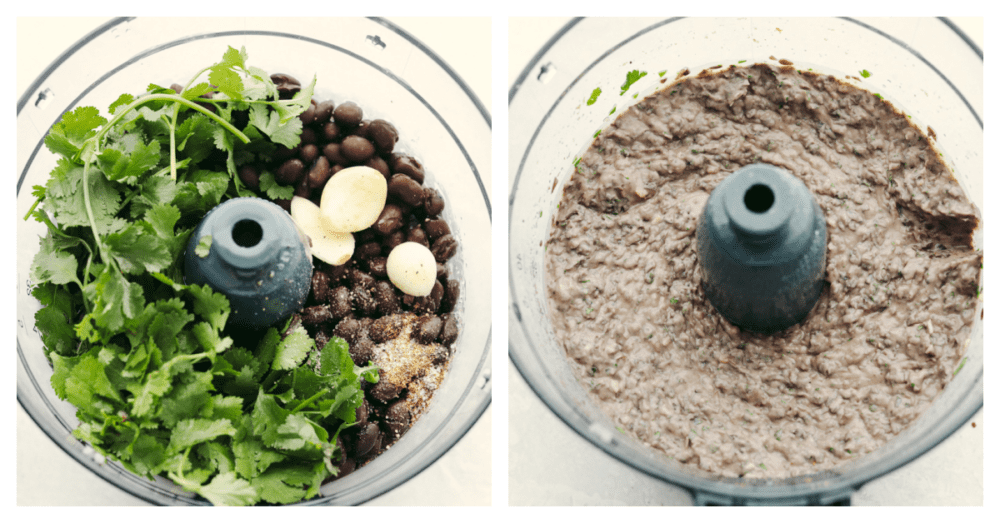 This black bean dip flavored with garlic, lime, and spices is going to be the star of your next party! It whips up in minutes and is absolutely irresistible. 2 photos of blending dip ingredients together.