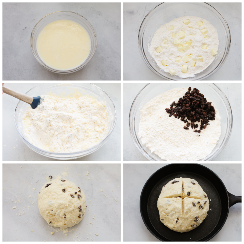 This traditional no yeast bread recipe is a crumbly dense bread with a slightly sweet taste. With only a few pantry and refrigerator staples required, this delicious traditional soda bread can be made easily and is one everyone will enjoy. 6 pictures showing how to mix ingredients together to make dough.