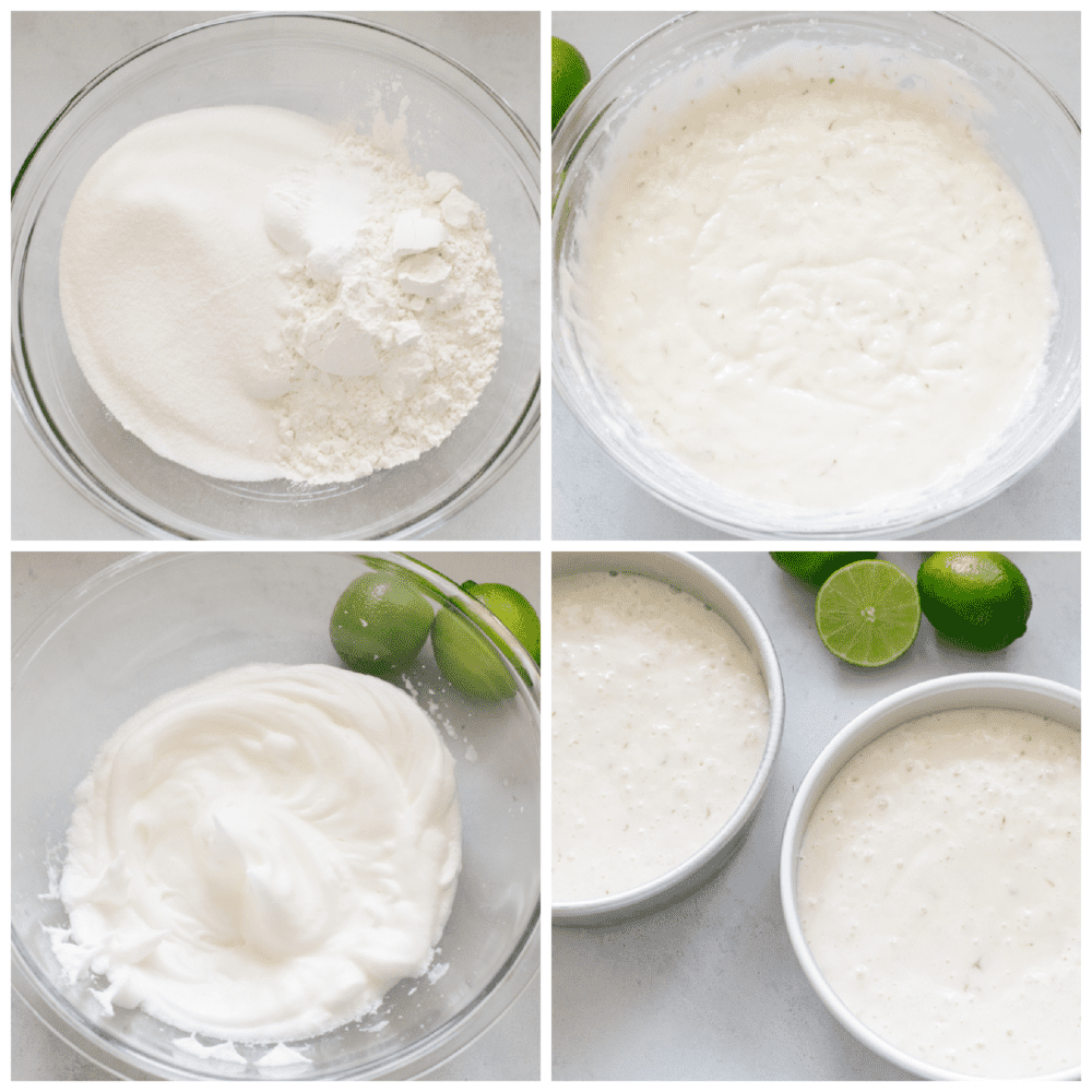This moist key lime cake with cream cheese frosting is the perfect blend of tangy and sweet! You won't be able to stop at one slice! Process shots of preparing cake batter.