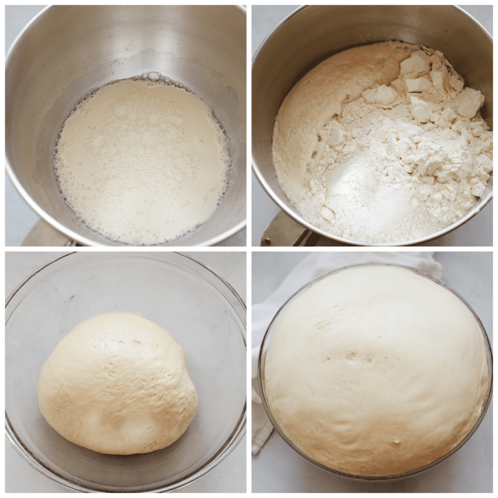 Homemade bread bowls are a simple and delicious way to take all of your soups to the next level! These bread bowls are perfectly crisp on the outside and soft and airy on the inside. 4 pictures showing how to proof the yeast and make to dough and let it rise.