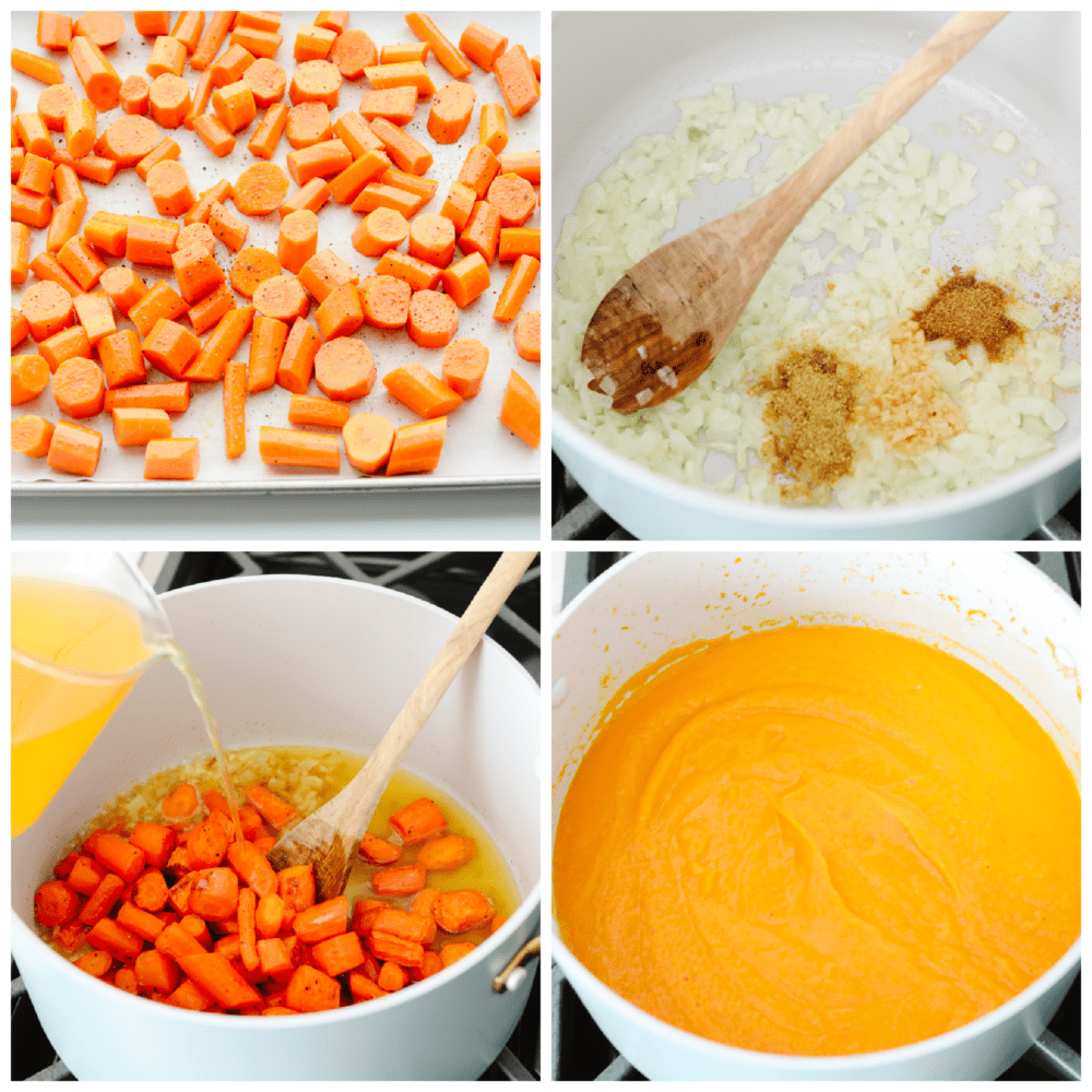 Carrot soup is the perfect combination of fresh and hearty. It's creamy, delicious, and flavored to perfection and your guests will be running back for seconds! 4 pictures showing how to add ingredients to pot, cook and blend.
