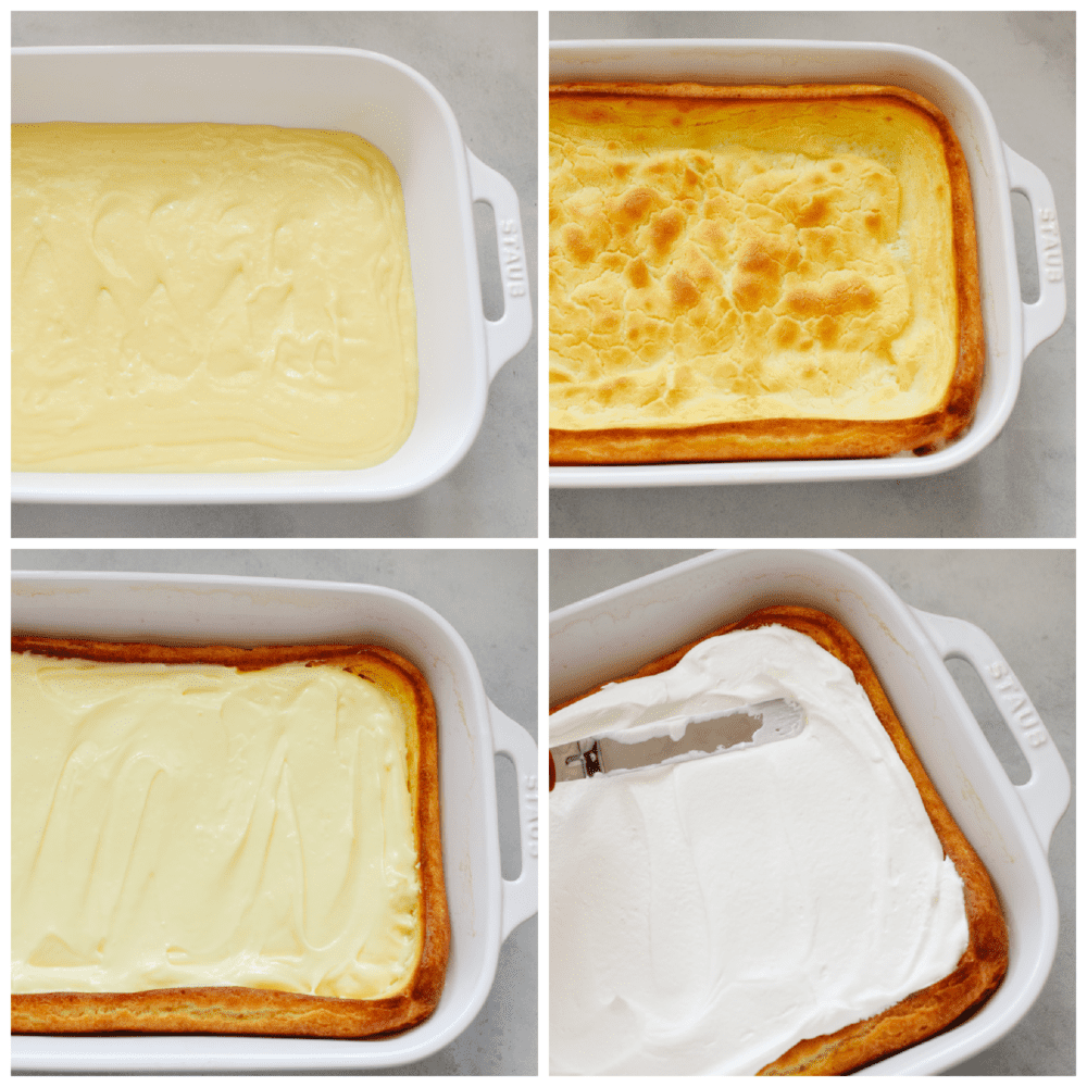 Eclair cake is moist and sweet, made with vanilla filling, a buttery crust, and whipped cream topping. There are so many toppings to choose from and you will be amazed at how insanely soft and delicious this cake is! Adding layers to eclair cake.