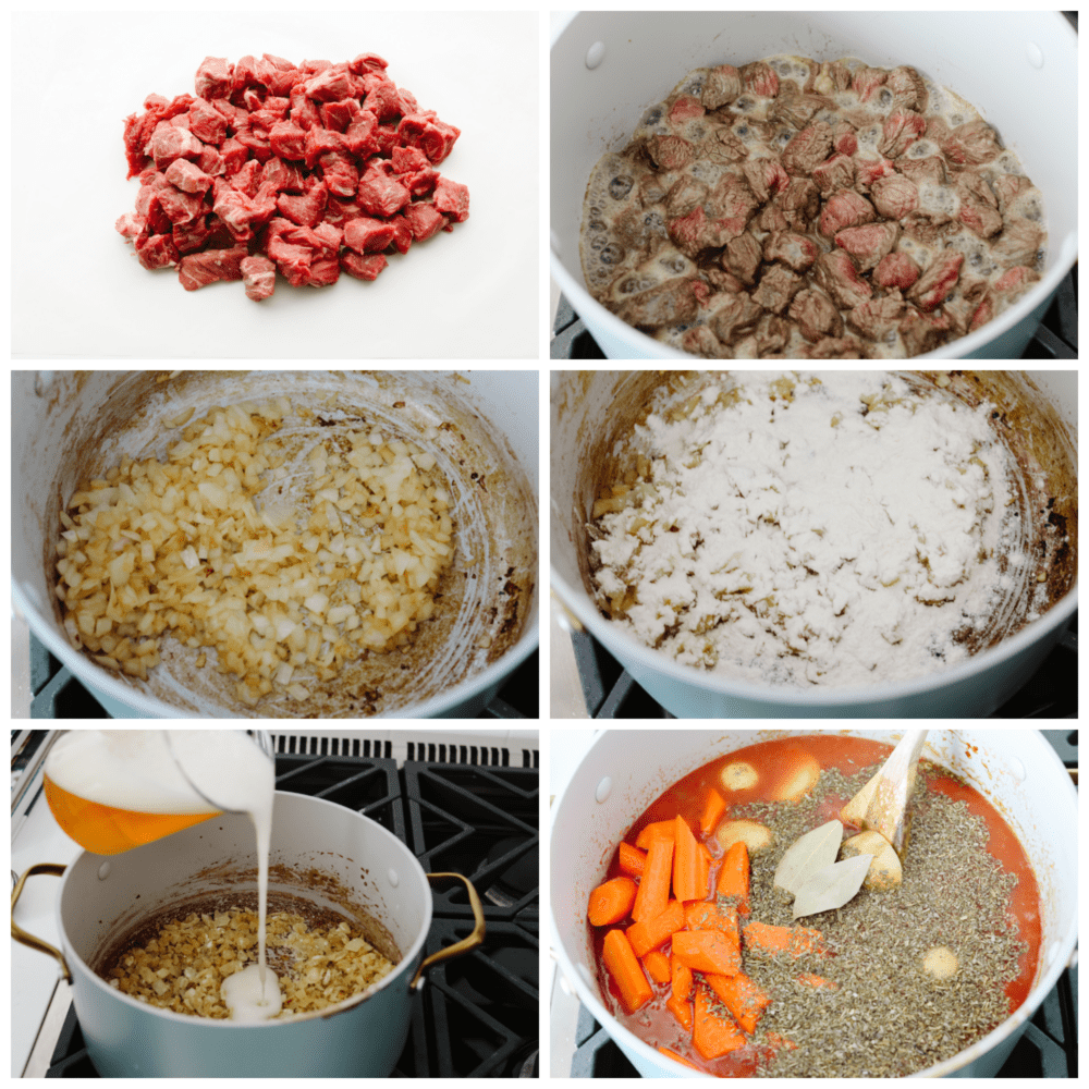 Your family is going to love this hearty Guinness beef stew! This traditional Irish meal is filled with rich, meaty flavor, tender vegetables, and melt-in-your-mouth beef! Process photos of searing beef and mixing stew ingredients together.