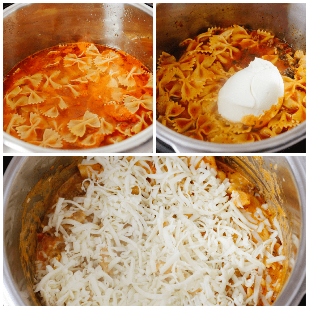 This Instant Pot recipe is filled with all the lasagna flavors you love! Layers of creamy ricotta, melty mozzarella, and ground beef seasoned with Italian herbs come together in this super easy dish! Process shots of layering lasagna ingredients in an Instant Pot.