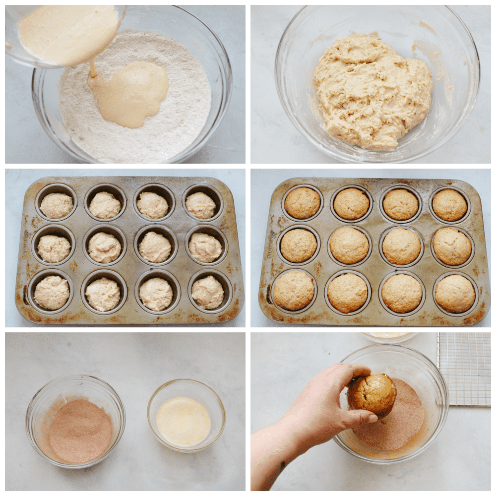 Donut muffins are soft and fluffy, with a cinnamon-sugar flavored goodness that melts in your mouth! They are delicious enough for anyone to want to devour them the moment that you put them on the table! 6 pictures showing how to make the batter, cook it, and then dip the cooked muffin in the cinnamon-sugar topping.