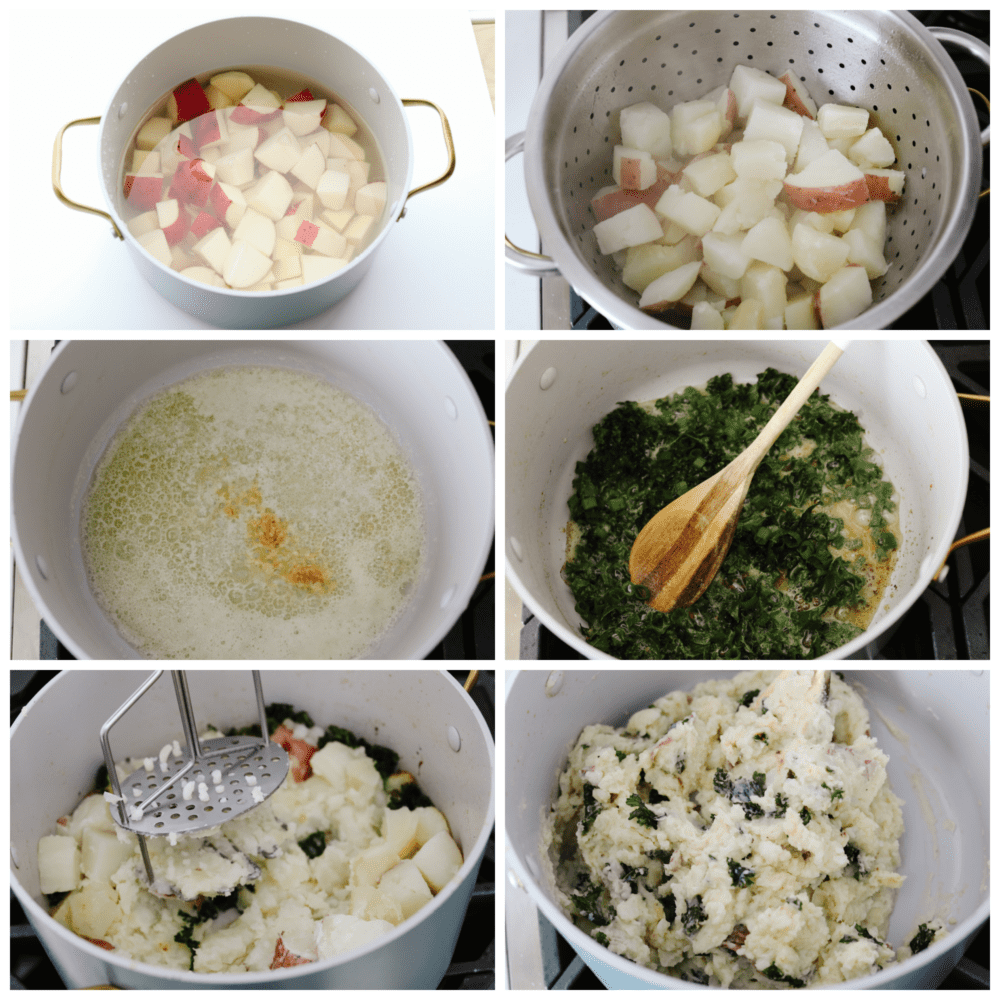 6 pictures showing how to cut, cook and mash potatoes.