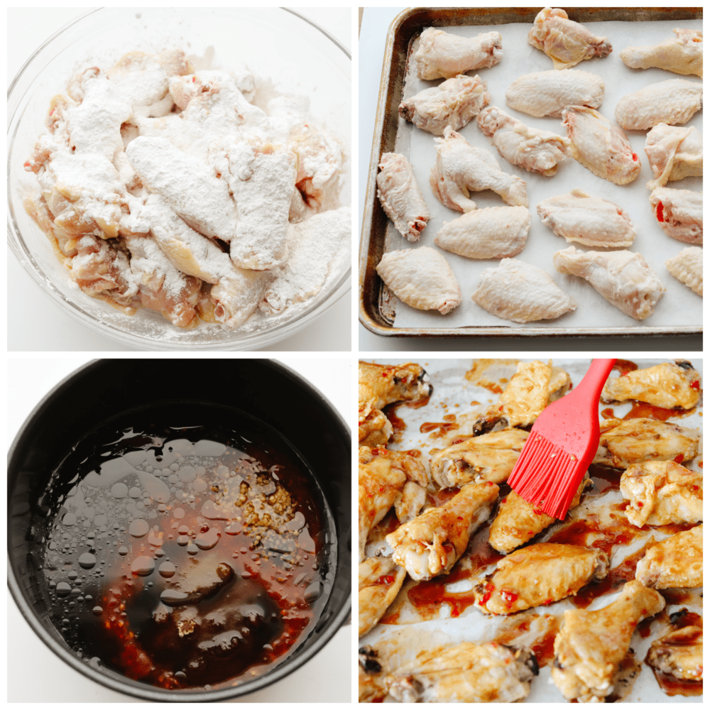 These Thai glazed chicken wings have a delicious sauce with a twist! Perfect for any party, game day, or get-together, these wings are the perfect appetizer! 4 pictures showing how to coat and bake chicken wings.