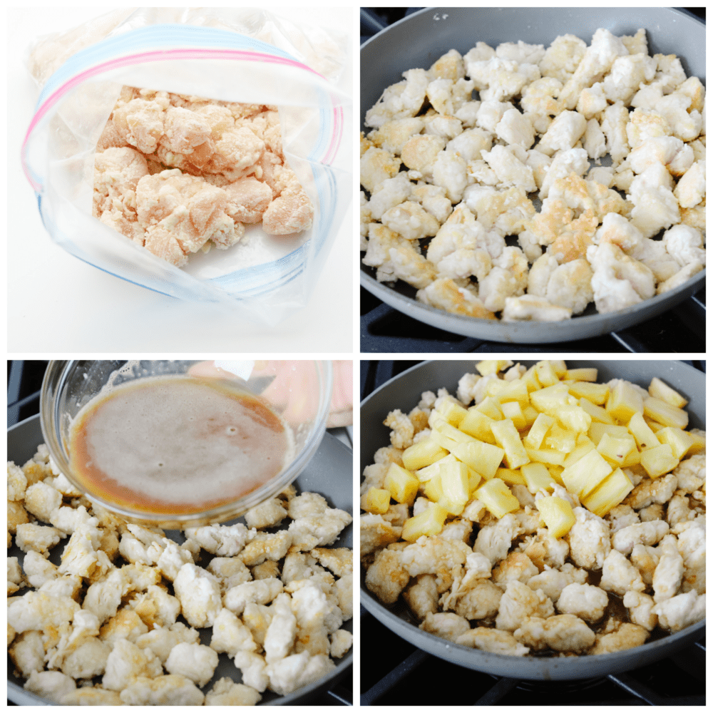 This crispy, saucy chicken is every pineapple lover's dream! Pineapple chicken is the best mix of sweet and savory. It's a quick and easy dinner that your family will go crazy over! Process photos of battering chicken and preparing sauce.