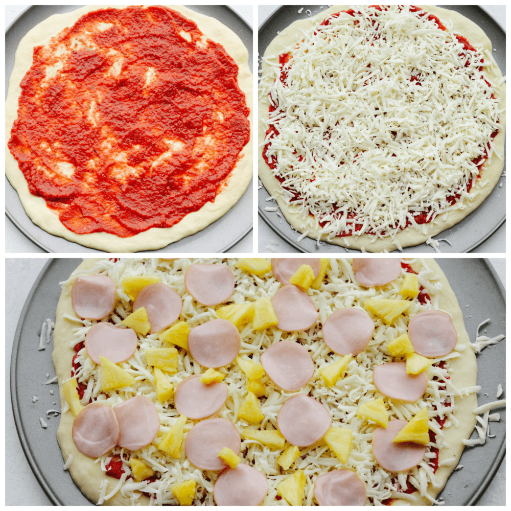 The perfect combination of sweet and savory, Hawaiian pizza is a must-try for your next pizza night! Topped with melty mozzarella, Canadian bacon, pineapple, and Italian herbs, each slice is bursting with flavor! Adding sauce, cheese, and toppings to pizza dough.