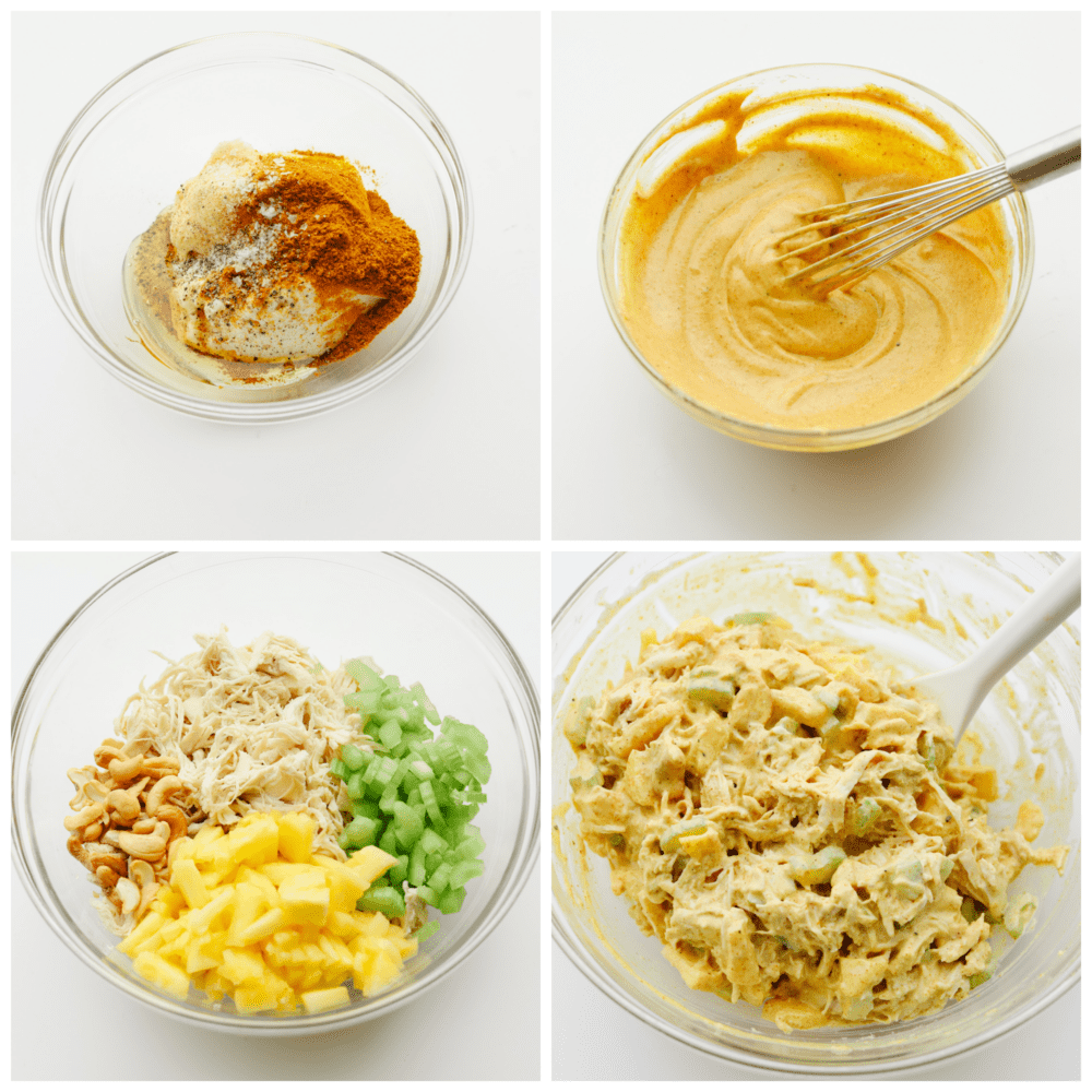 The flavor in this curry chicken salad is absolutely incredible! Infused with delicious spices and flavors, this twist on your classic chicken salad recipe is going to blow you away! 4 pictures showing how to mix all of the ingredients in a clear, glass bowl.