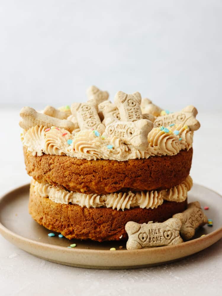 Making your dog a birthday cake is the best way to spoil them on their special day! This furry friend-approved cake is filled with healthy ingredients like yogurt, pumpkin, applesauce and carrots! They’ll love every bite! A whole dog birthday cake topped with dog treats.