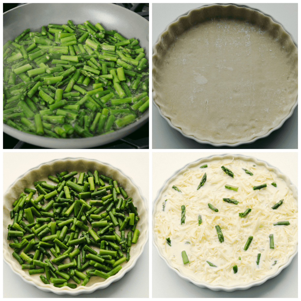This asparagus quiche is as delicious as it is gorgeous! It has a perfectly flaky texture combined with an insanely delicious flavor. This will be the star of the show at any breakfast or brunch! 4 picturs showing how to cooke asparagus, form a pie crust into the pan and add in the filling.