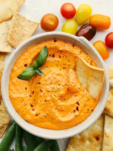 Roasted red pepper dip is smooth and creamy with the best warm spice! Serve it with your favorite chips for a boost of bold savory flavor! Top-down view of red pepper dip in white bowl, surrounded by chips and peppers.