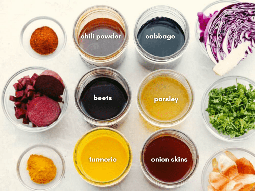These naturally dyed Easter eggs are such a fun activity for the family! It's amazing to see what colors you can create with basic vegetables and spices! Jars of each dye with names written over them.