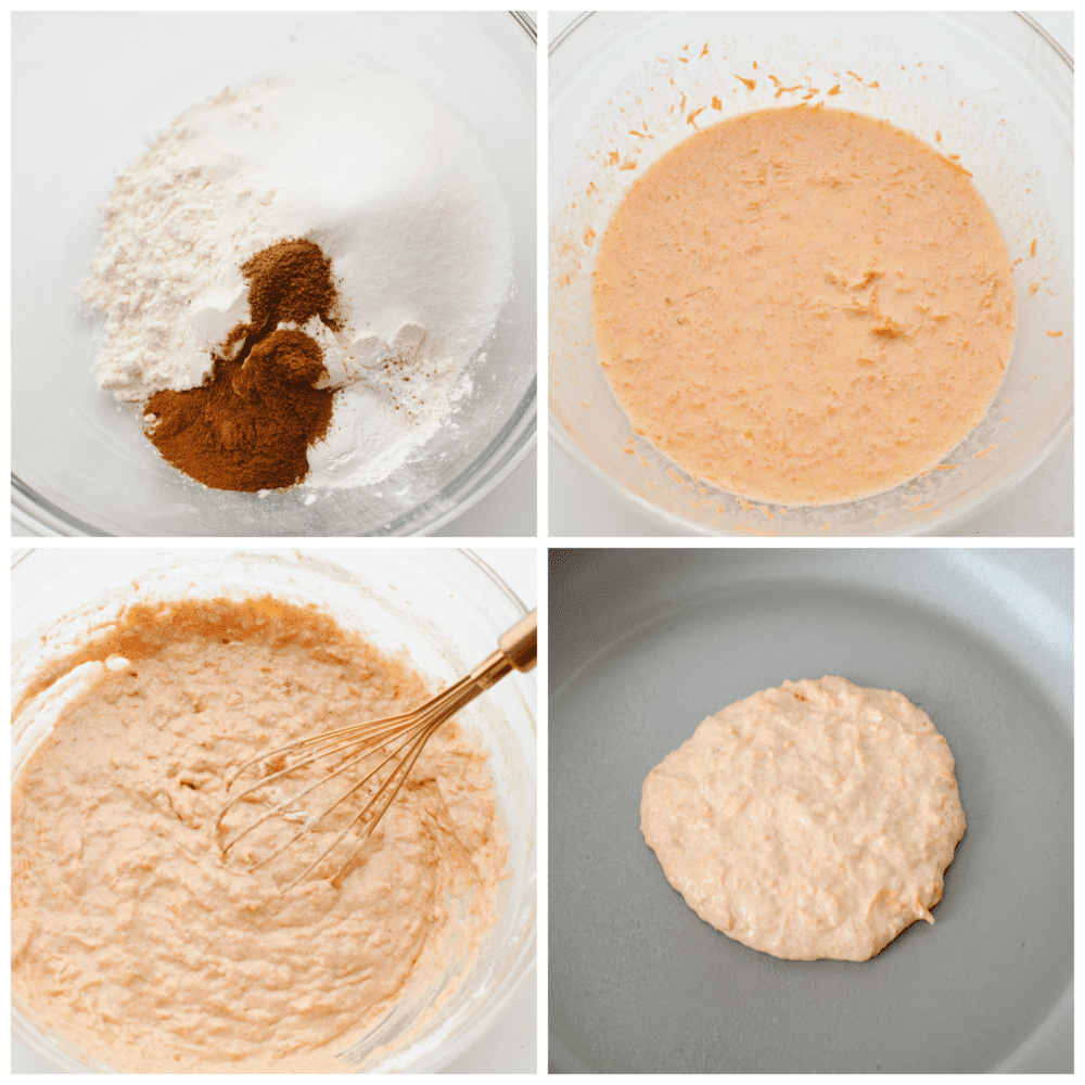 These carrot cake pancakes are fluffy, moist, and drizzled with a delicious cream cheese glaze that makes my mouth water! They will get gobbled up and fly off your table! 4 pictures showing how to mix the pancake batter and for a pancake on a saucepan.