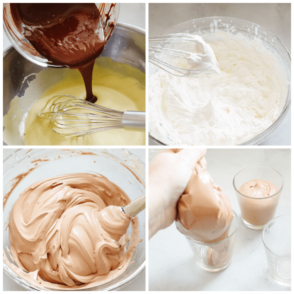 If you are looking for an elegant and delightful tasting chocolate dessert, then this chocolate mousse will quickly become your favorite! Smooth and creamy, you will scrape out every last bite! 4 pictures showing how to mix up the mousse and pip it into a glass.