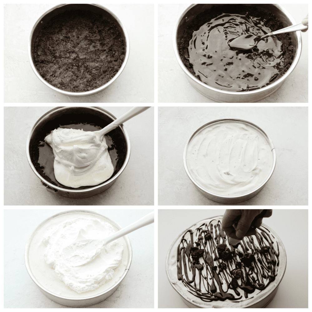 Ice cream cake is the best of both worlds...ice cream in the form of a cake! This cookies and cream ice cream cake is exploding with layers of oreo cookies, ice cream, and gooey fudge sauce. 6 pictures showing the steps on how to add the layers to a springform pan.