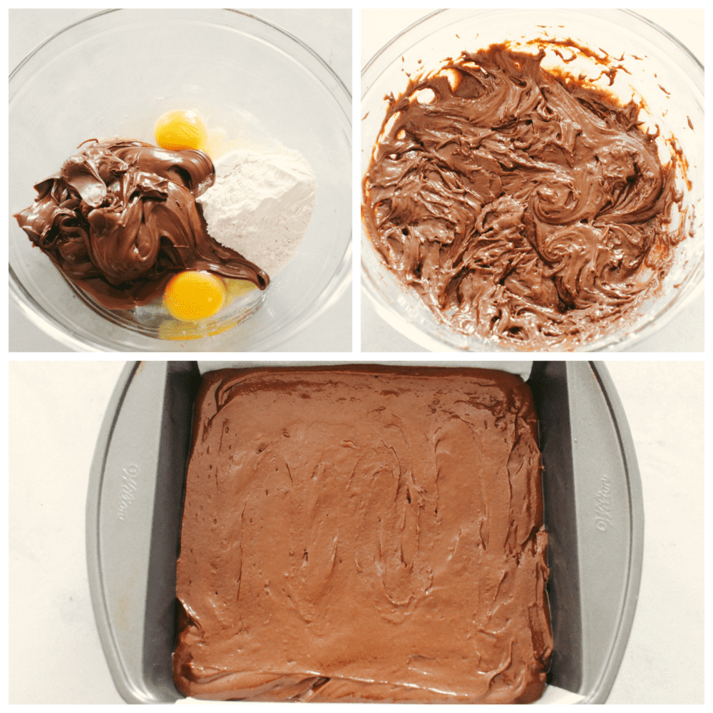This super easy 3-ingredient brownie recipe is the only one you'll ever need! These brownies are rich and fudgy, the perfect solution for when you're craving chocolate! Process shots of preparing brownie batter and adding to pan.