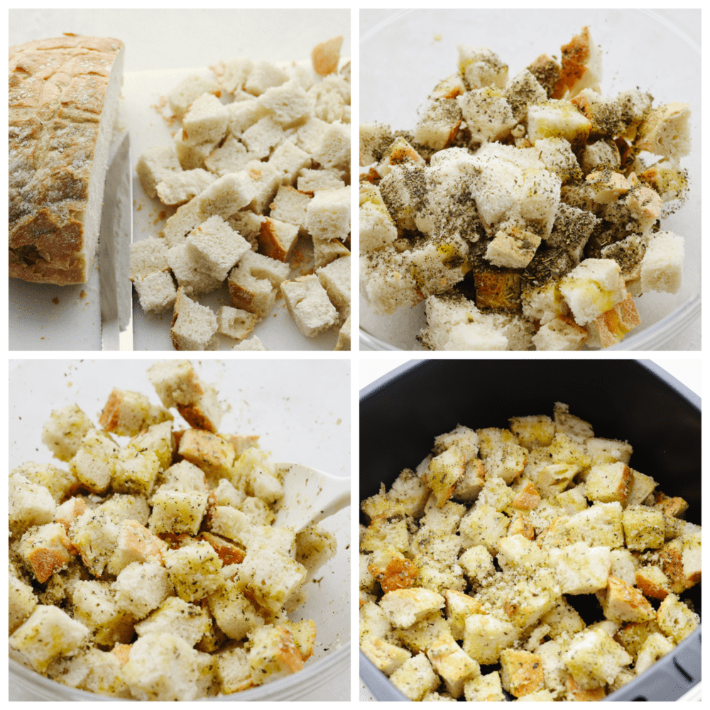 These quick and easy air fryer croutons will give your salads and recipes that "wow" factor! A fresh loaf of bread cubed, seasoned, and air fried to perfection. Process photos of cubing and seasoning bread.