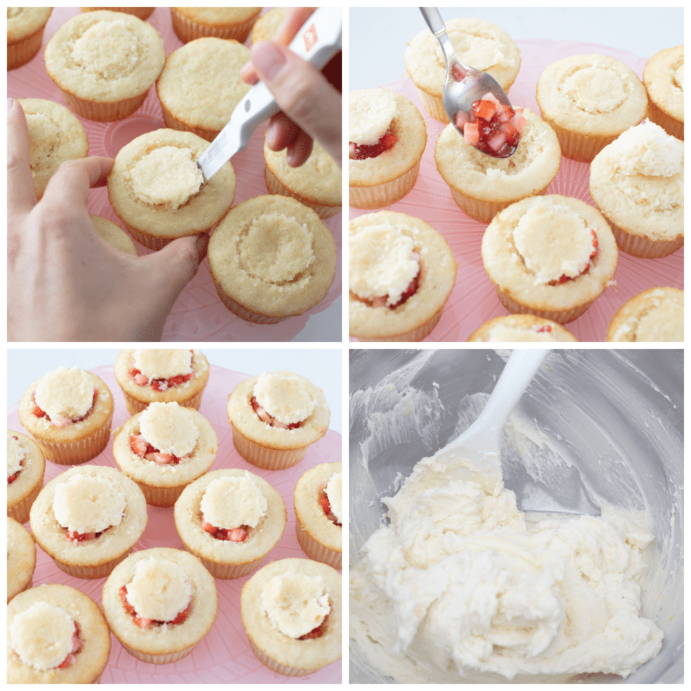 Refreshing and delicious, these fresh strawberry shortcake cupcakes are so yummy and look like a showstopper! Once you have one, you won't be able to resist reaching for a second! 4 pictures showing how to cut out the middle of the cupcake, insert the filling and make the frosting.