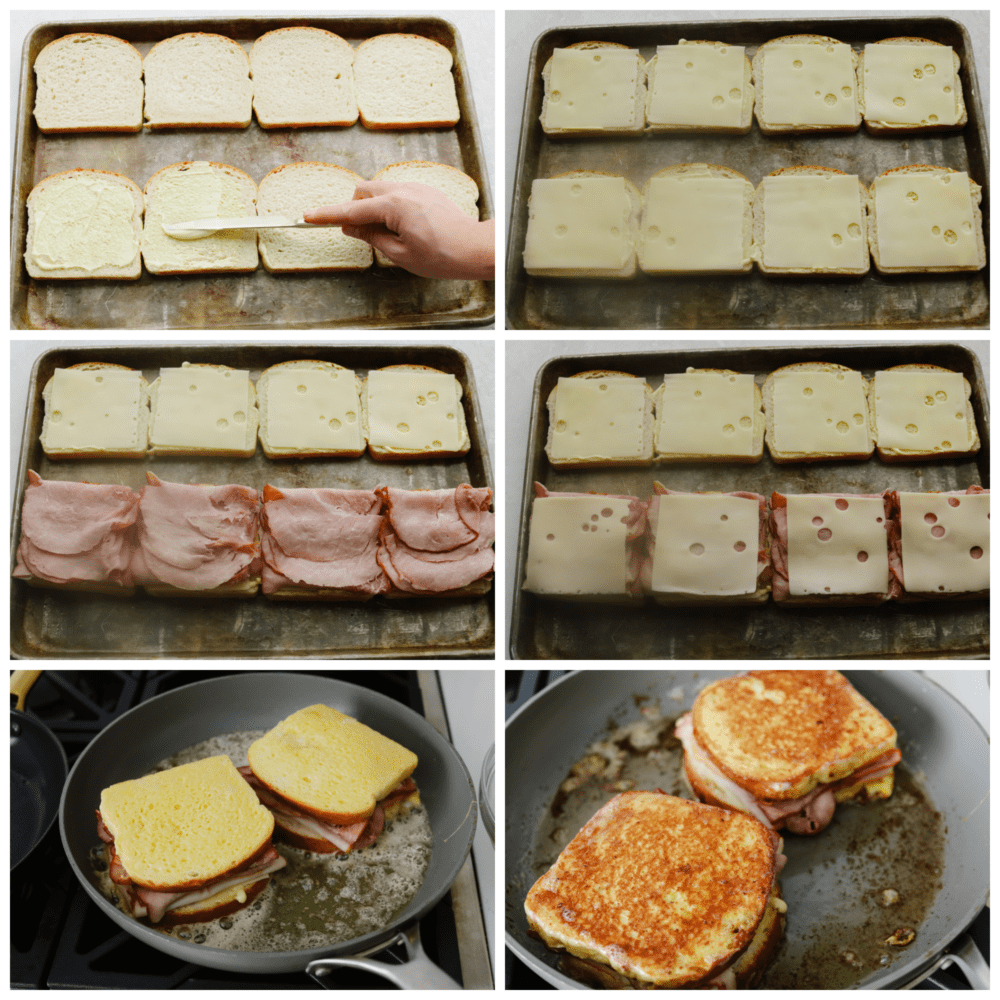 Get ready for the best Disneyland food out there with this copycat Monte Cristo sandwich!! The melted cheese combined with delicious turkey and ham sandwiched in crispy bread, all dipped into delicious raspberry jam... It's enough to make anyone's mouth water! 6 pictures shoiwng how to assemble and cook a monte cristo sandwich.