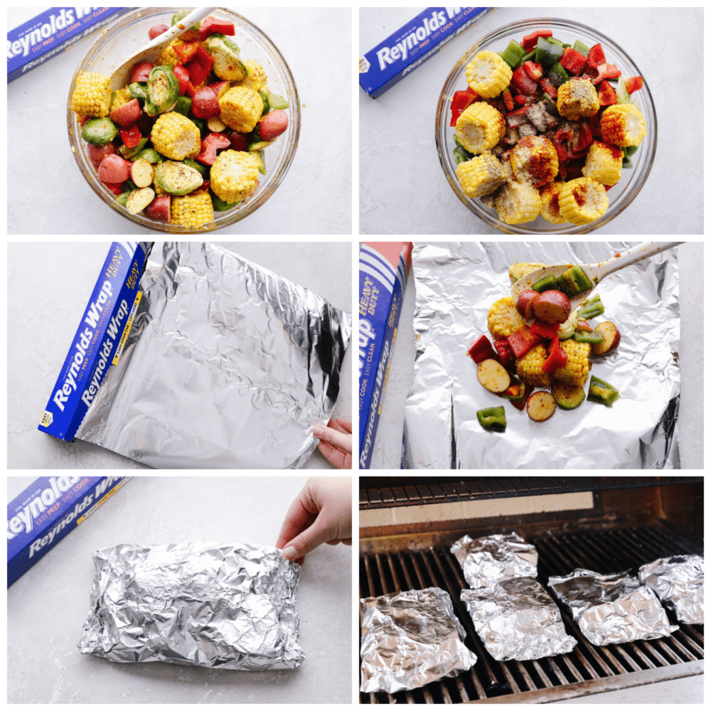 These foil pack grilled vegetables made with Reynolds Wrap® Heavy Foil are perfect for BBQ season! They cook just right on your grill and come out tender and seasoned to perfection. This is one side dish that you don't want to miss! 6 pictures showing how to season, pack and cook reynolds packets on the grill.