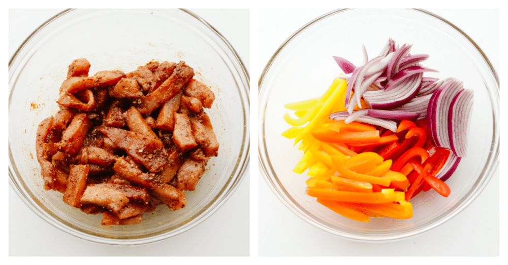 Celebrate with these insanely delicious and easy air fryer pork fajitas! They are restaurant-quality fajitas in the comfort of your own home, and your entire family will go crazy over them! 2 pictures showing raw, seasoned pork and vegetables in a glass bowl.