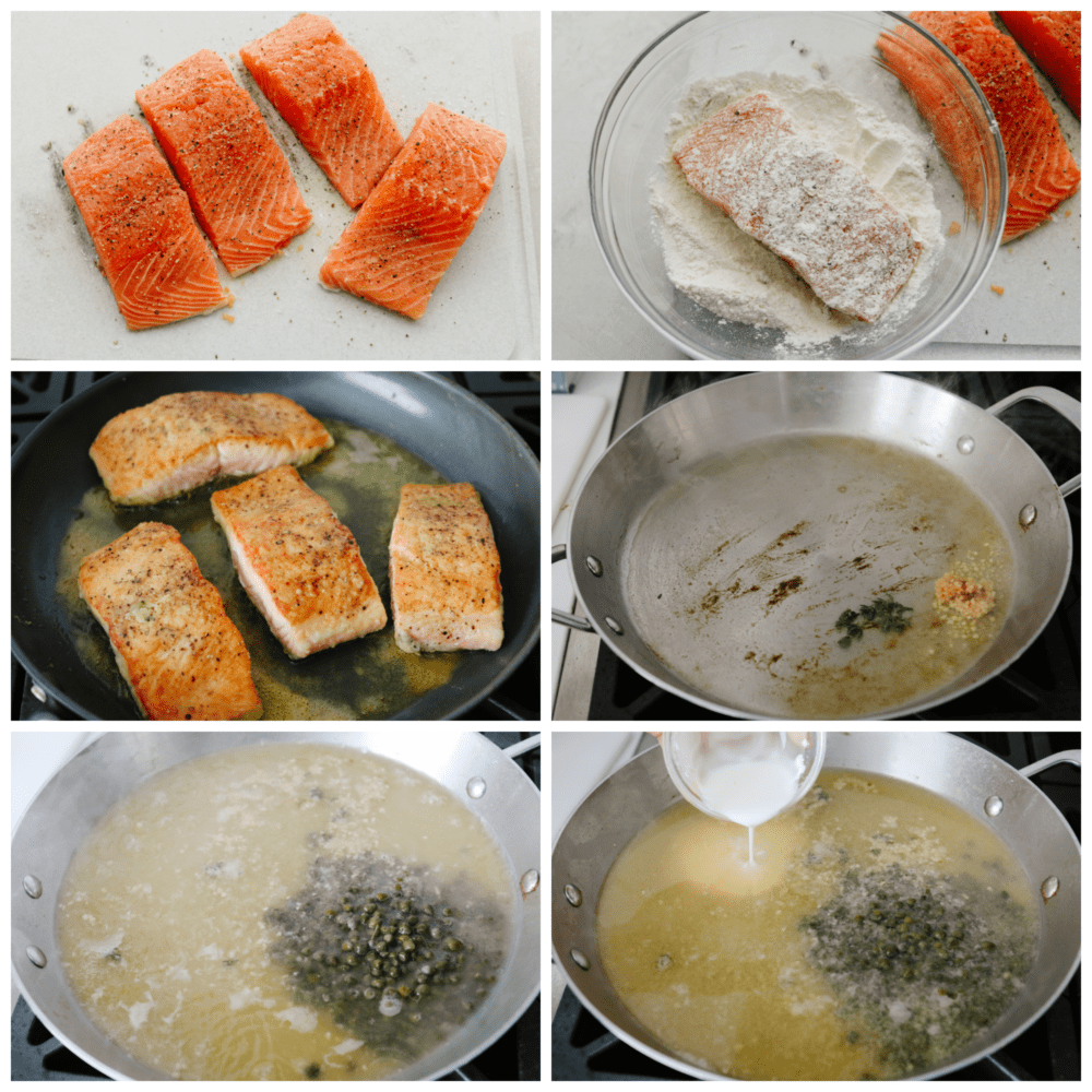 This easy salmon piccata is a delicious yet elegant meal that is great for a weeknight meal or for when you have guests over. The flakey pan-seared salmon nestled in a bed of a creamy lemon and caper sauce will definitely be a crowd-pleaser! 6 pictures showing how to coat salmon filets in flours and then cook them in the pan with sauce.