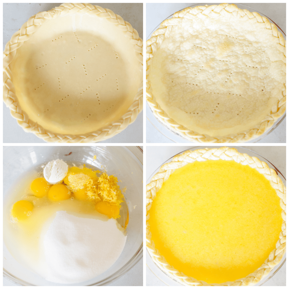 This lemon chess pie is packed purely with lemon filling and is a lemon-lovers dream come true! The texture is smooth and creamy with a deliciously flakey crust that just about anyone will go crazy for! 4 pictures showing how to poke the holes in the pie crust, make the filling and add the filling to the crust.