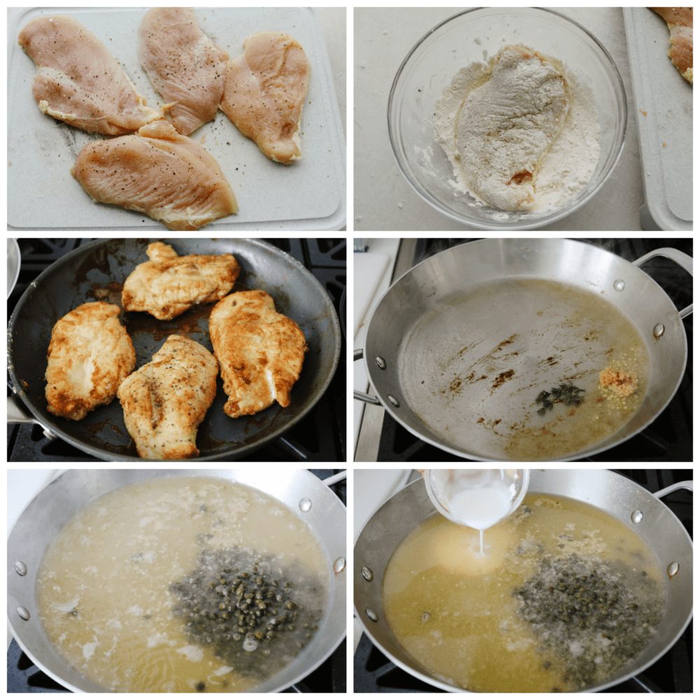 This chicken piccata is a light and delicious Italian dish that never disappoints. The juicy breaded chicken is smothered in a fresh lemon-caper sauce that explodes with flavor in every bite. 6 process photos of how to make chicken picaata. First picture is seasoned raw chicken breasts. Second picture is chicken dredged in flour. Thrid picture is pan seared cooked chicken. Fourth picture is empty skillet with garlic cooking. Fifth picture is capers and liquids added. Sixth picture is cornstarch mixture being added to thicken sauce.