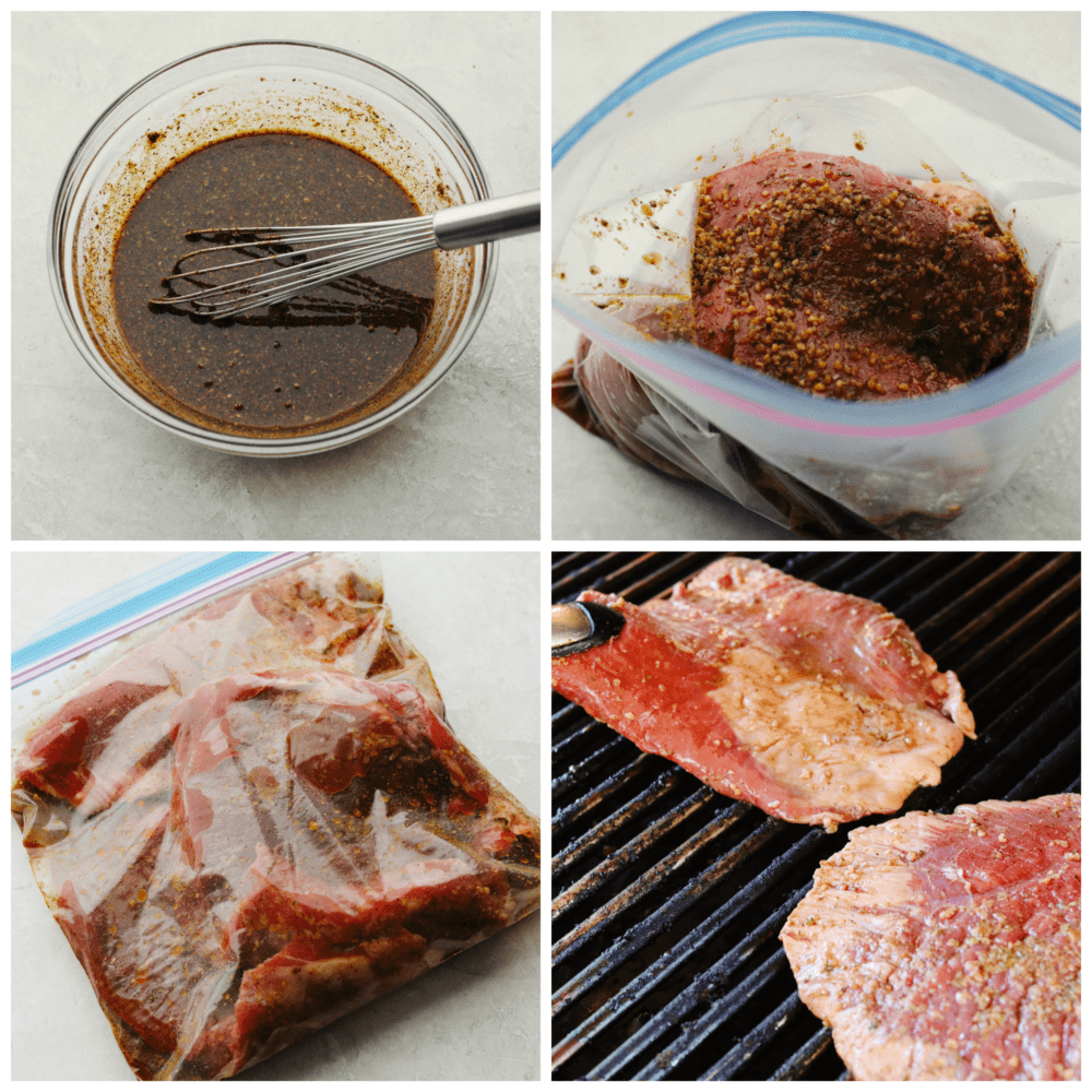 Enjoy this homemade carne asada recipe marinated in delicious Mexican flavors and spices. This juicy and tender flank steak is grilled to perfection for you to devour on its own or in any of your favorite Mexican dishes. 4 process photos of how to make carne asada. First picture is a bowl of the marinade with a whisk. Seond picture is the meat and marinade in a sealable bag. Third picture is the bag sealed with meat marinating inside. Fourth picture is meat cooking on grill.