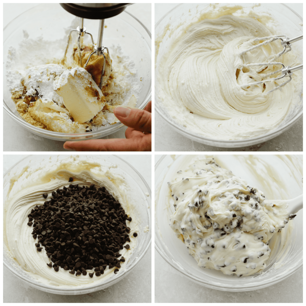 Get ready cookie dough lovers! This chocolate chip cookie dough dip is made for you. Now, you can combine your favorite cookie dough taste with pretzels, fruits, and other cookies making this the best dip you've ever had! 4 pictures showing how to add the ingredients to a bowl, mix with an electric mixer and then fold in the mini chocolate chips.