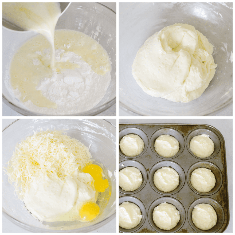 This delicious Brazilian cheese bread has a perfect combination of delicious taste and texture. Filled with pockets of airy goodness that taste so cheesy, you won't be able to stop at just one! 4 pictures showing how to make dough and put it into a muffin tin.