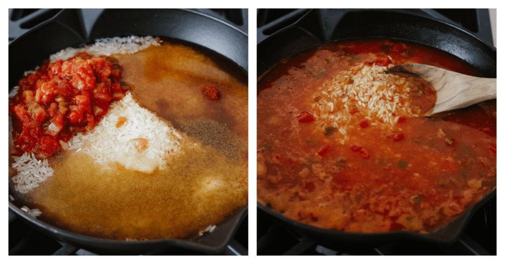 This Mexican rice is so easy to make! Simmered until tender in broth, salsa, and a mix of spices gives it a ton of flavor, perfect for adding to any fiesta. 2 pictures showing how to cook Mexican rice in a skillet.