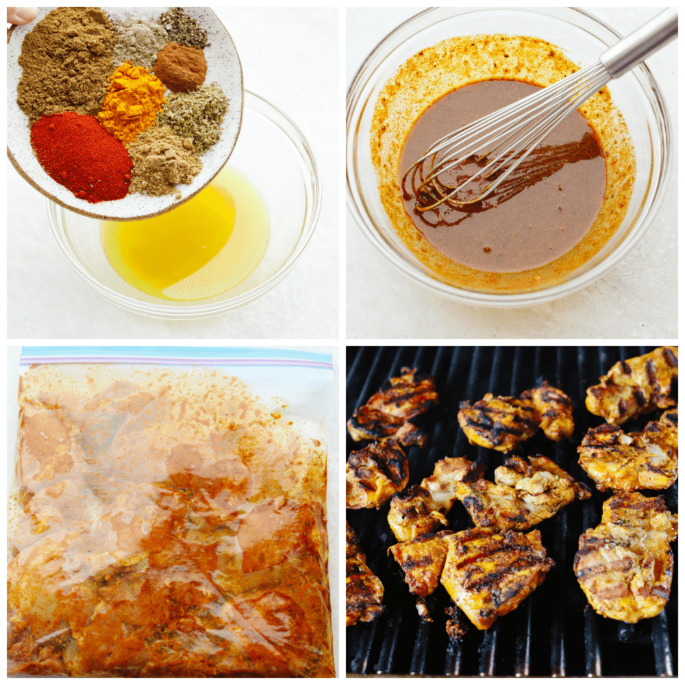 This Middle Eastern chicken shawarma is packed full of flavorful chicken that is seasoned with a delightful array of spices. It makes a great lunch or dinner that everyone will go crazy for! 4 pictures showing how to make the marinade and grill the chicken.
