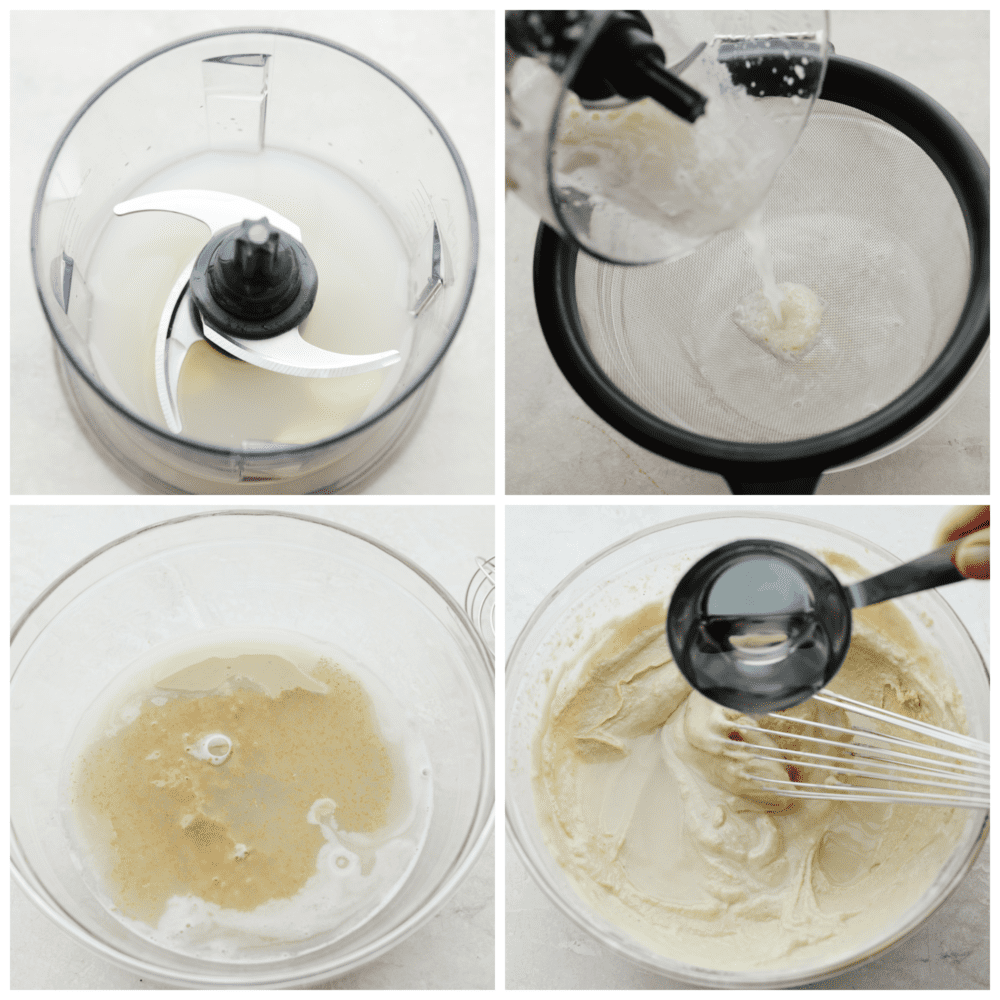 Get ready for the best tahini sauce that you have ever tasted! This makes any falafel, vegetable or salad taste better and it takes less than 5 minutes to put it all together! 4 pictures showing how to add the ingredients to a food processor and blend them together.