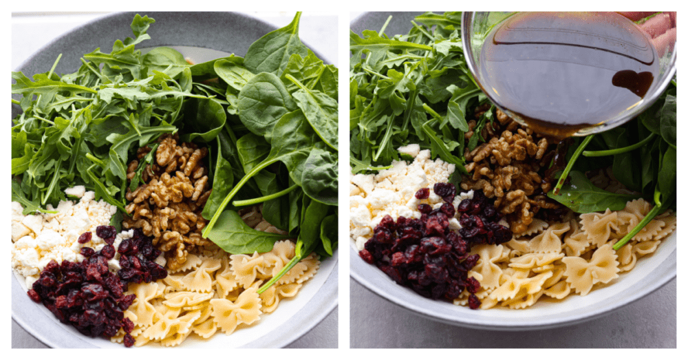 Cranberry feta bowtie salad with spinach is an easy salad perfect for potlucks and holidays! Each bite is packed with a zesty Dijon vinaigrette dressing, raisins, and walnuts. 2-photo collage of vinaigrette being poured over salad ingredients.
