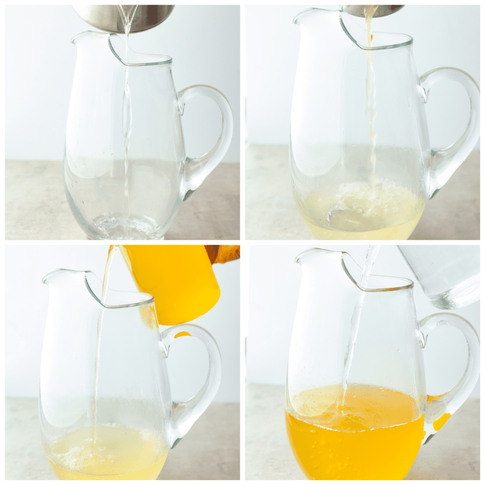 Pineapple lemonade is the ultimate summer drink! It's the perfect combination of tart and sweet and will have you feeling like you're on vacation. 4-photo collage of drink ingredients being added to a pitcher.